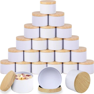 4Oz White Candle Tins, 24 PCS Matte Mental Jars with Wood Grain Lids for Making, - Image 1 of 4