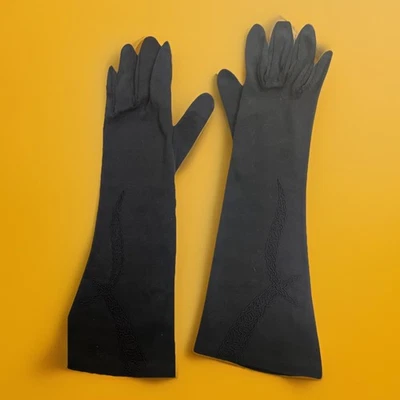 Guantes negros vintage de 14" para dama 100 % algodón costuras decorativas de Alemania Occidental Foto 1 de 4