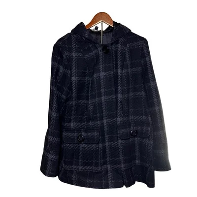 Женское пальто с капюшоном GEORGE в клетку размер 16 черная серая шерстяная смесь - Изображение 1 из 4