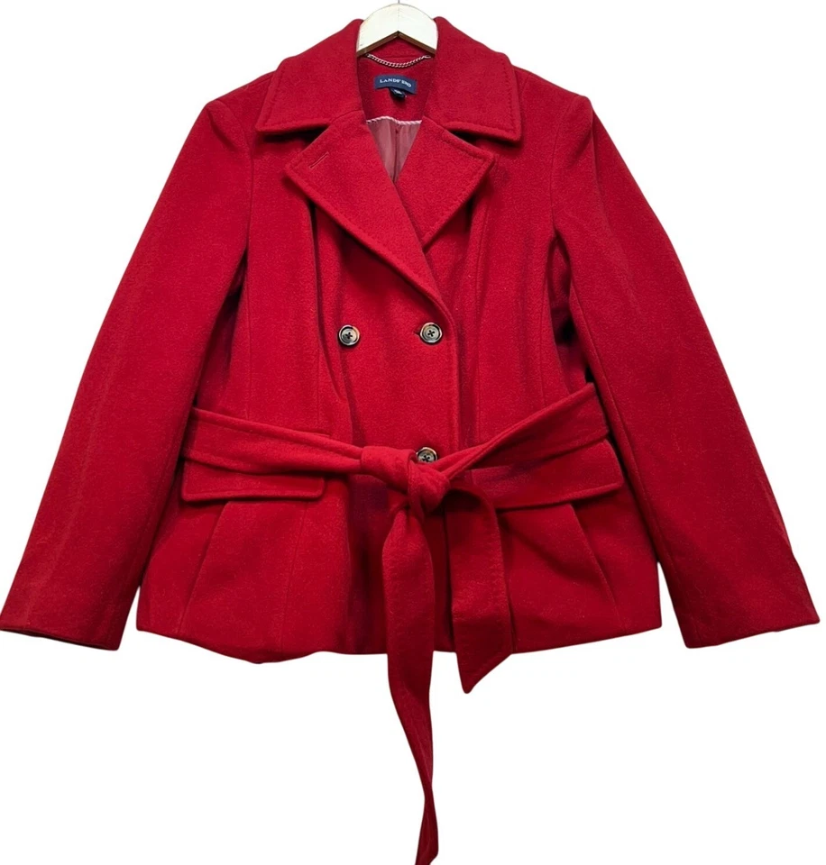 Lands End Mujer Preppy Lana Doble Pecho Chaquetón Talla 16P Cinturón Corbata Rojo Foto 1 de 4