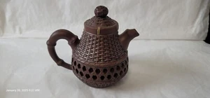 Vtg Chinese Wicker And Bamboo Style Teapot Signed - Picture 1 of 12