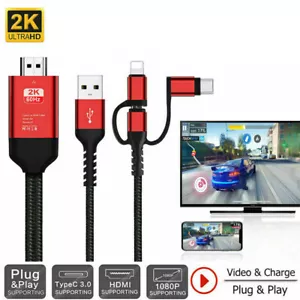 For iPhone 12 11 Pro 6 7 8 XS XR Type C Android Phone to TV HDMI Cable Adapter - Picture 1 of 15