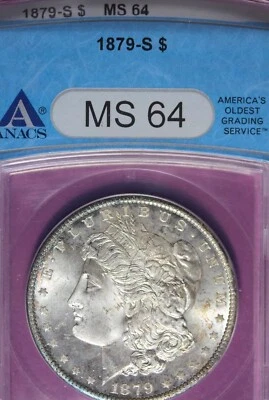 Dólar de plata Morgan 1879-S, MS64. ANACS, tonificación de llanta, sin emisión Foto 1 de 4