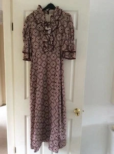 True Vintage 60s Burgundy White Tiered Sleeve Boho Cocktail Maxi Dress UK 10 - Picture 1 of 10