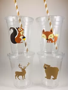Woodland Animals Party Cups Birthday Woodlands Set/12 With Lids Straws - Picture 1 of 1