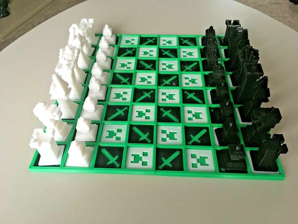 3DPRINTSTUDIO 3D Printed Chess Set Minechess Minecraft Style Chess Set Gameboard and Pieces