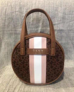 Genuine DKNY Mini Small Round Bag, Brown Monogram with WHITE and PINK Stripe - Picture 1 of 7