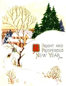 Neujahr Bäume Haus Schnee Winter Schlittenfahren geprägt antike Postkarte (A4) - Bild 1 von 3