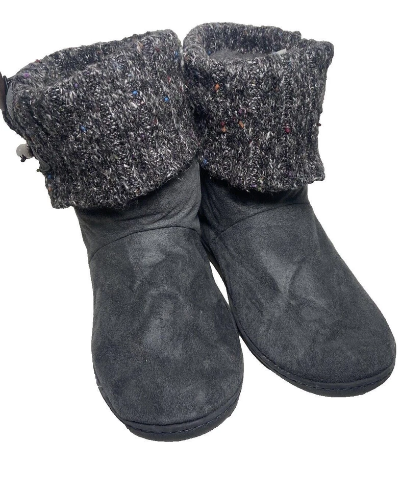 Sherpa Lined Knit Top Faux Leather Bootie Slippers Womens Size Medium Dark Grey - Image 1 of 4