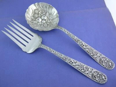 Sterling S KIRK & SON Lg Serving Fork & Berry Casserole Spoon REPOUSSE no mono - Image 1 of 4
