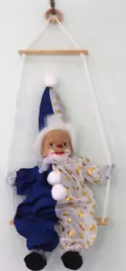 Vintage Small Clown Sitting on a Wooden Swing - Picture 1 of 4