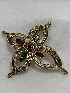 Vintage Gold Tone Multicolor Rhinestone Maltese Cross Pin Brooch Unsigned - Picture 1 of 7