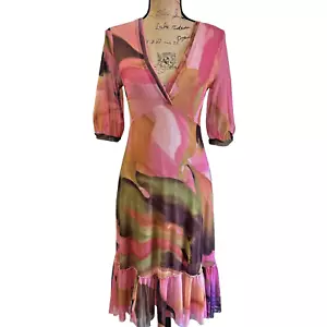 FUZZI Vintage Women's Pink Watercolor Print Stretchy Mesh Half Sleeve Dress Sz M - Picture 1 of 14