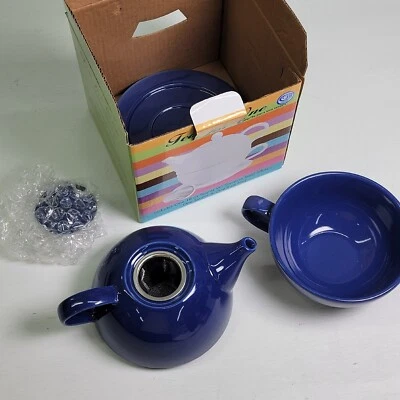 Omniware Tea For One Navy Blue Stoneware Teapot, Mug, Saucer & Infuser N.O.B. - Image 1 of 4