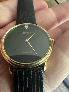 Vintage Rare Gold Tone Michele Quartz Japanese Black Dial Diamond Watch New Batt - Picture 1 of 12