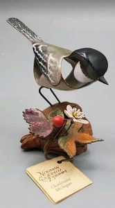Norman & Judith Brumm Black Headed Chickadee Strawberries Enamel On Copper &Burl - Picture 1 of 17