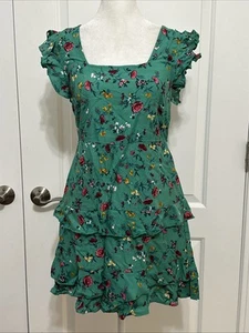 NWT Lottie & Holly B.O.G. Tiered Mini Dress Green Pink Floral M - Picture 1 of 9