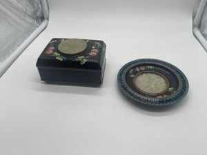 Antique Chinese Republic Period Cloisionne Box & Small Plate Carved Stone Inset - Picture 1 of 24