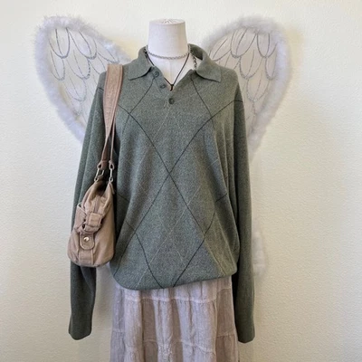 Suéter Polo Tejido Dark Academia Indie Argyle Verde Largo Polo Cuello Pullover Foto 1 de 4