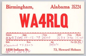 Ham Radio QSL WA4RLQ Red Block Type Birmingham Alabama Postcard - Picture 1 of 2