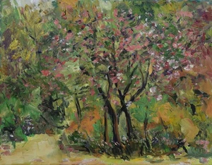 Art Original Oil Painting RM Mortensen "Dogwood" Trees Garden Flowers Path - Picture 1 of 1