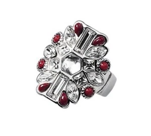 Lia Sophia “Tilla” Art Deco Style Ring w/Cut Crystals & Red Resin Beads Size 7 - Picture 1 of 5