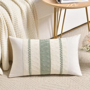 Set of 1 Sage Green Boho Lumbar Decorative Throw Pillow Covers 12x20 Inch for... - Picture 1 of 7
