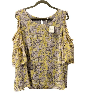 Blusa Caro ombro frio estampa floral tamanho 18/20W amarela e cinza. Novo com etiquetas - Imagem 1 de 4