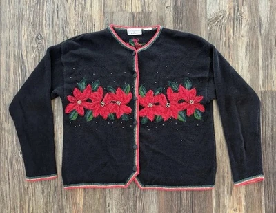 Vtg Christopher & Banks Christmas Sweater Cardigan 22” P2P Black Poinsettias - Image 1 of 4