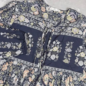 R. Vivimos Floral Print Maxi Dress Womens Navy L LS Bohemian Double Tassel - Picture 1 of 6