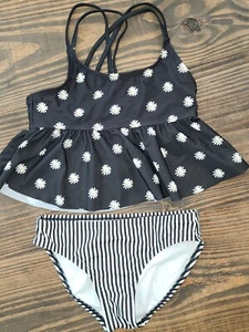 Old Navy Girls Sz 6/7 black tankini Bikini Swim Top & Bottom Set flowers stripes - Picture 1 of 3
