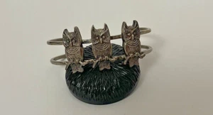 VTG Cuff Bracelet 3 Owls Soldered Metal Silver Tone 2.5" READ - Picture 1 of 11