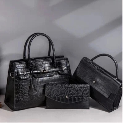 Three Piece Crocodile Pattern Tote Shoulder Bag Set Black Faux Leather - Image 1 of 2