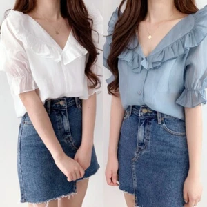 Damen Chiffon Bluse dünnes Shirt Top Rüschenkragen Puffärmel V-Ausschnitt Retro Freizeit - Bild 1 von 14