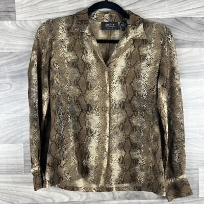 Dana Buchman Botão para Cima Feminino 6 Pequeno Marrom Estampa de Cobra Manga Longa Decote V Seda - Imagem 1 de 4