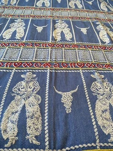Bates Buckaroo ‘50s Vtg HTF Denim Blue Bedspread Cowboy Steer Western SW *Read* - Picture 1 of 6