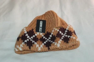 Steve Madden Womens NEW Hat Knit Tan Argyle Style Cuff Brown Black Beanie - Picture 1 of 5