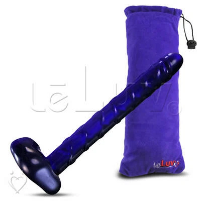 LeLuv Dildo 8 Inch Glass Cobalt Blue Realistic Veiny Penis-shaped with Pouch - Image 1 of 4