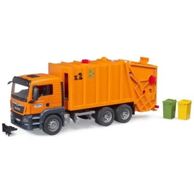 Garbage Truck Toy With Trash Bins Rotating Wheels Bruder MAN TGS Orange 1:16 NEW - Image 1 of 4