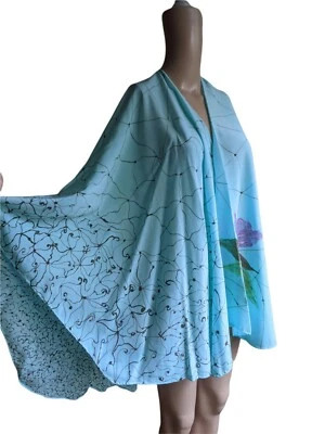 Womens Silk Hand Painted Sky Blue Floral Wearable Art Cape Asymmetric One Size - Image 1 of 4
