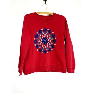 VINTAGE 1990s SJB Crewneck Patchwork Quilt Mandala Red Sweatshirt Size M - Picture 1 of 4