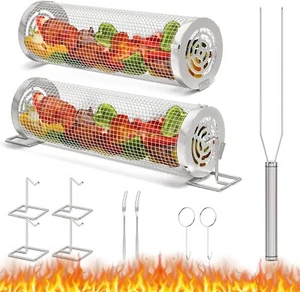 2stk Rollendes Grillkorb-Set Tragbarer Gitter Grillkäfig BBQ Zubehör Fleisch - Bild 1 von 7