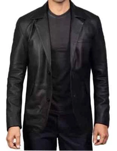 Black Leather Men Blazer Two-Button Handmade New Genuine Lambskin Formal Stylish - Picture 1 of 5