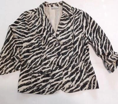 Zebra Blazer Studio Works Women Sz L Linen Blend Lined 3/4 Sleeve Button Office - Image 1 of 4