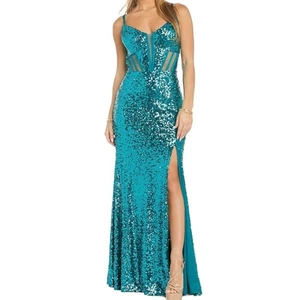 Morgan & Co. Juniors Sequined Gown Corset Bodice Side Slit Peacock Dress, Size 0 - Picture 1 of 6