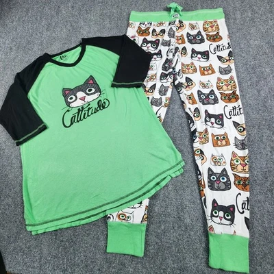 Conjunto de pijama Lazy One M para mujer Cattitude estampado de gato verde negro suave acogedor salón  Foto 1 de 4