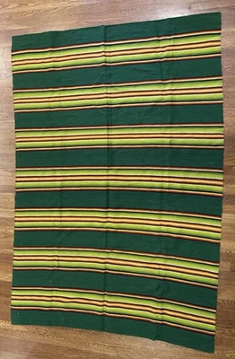 Manta/alfombra vintage mexicana de lana a rayas verdes  Foto 1 de 4