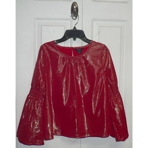 Nautica Girls Smocked Bell Sleeve Blouse Cherry Red Gold Metallic Stripe LG $40 - Picture 1 of 4