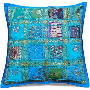 Handmade Indian Patchwork Decorative Cushion Cover - 16"x16" Boho Throw Pillow - Picture 1 of 3