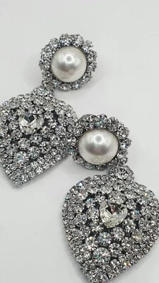 Alessandra Rich Platinum Tone Crystal & Pearl Embellished Statement Heart... - Image 1 of 4